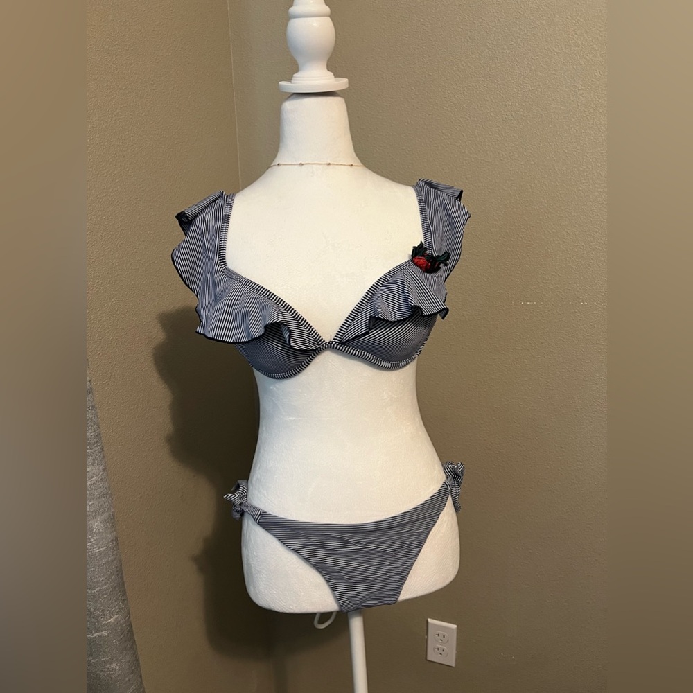 Navy Blue and White Striped Two Piece Bathing Suit